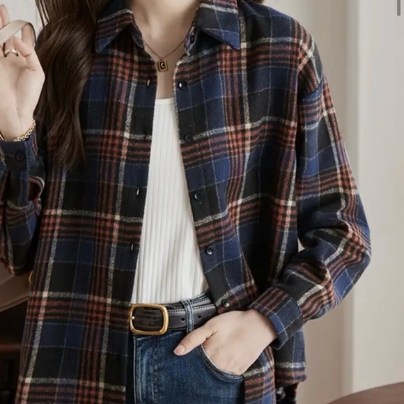 Dark Academia Blue Plaid Flannel Button Down Top - Picture 3 of 11